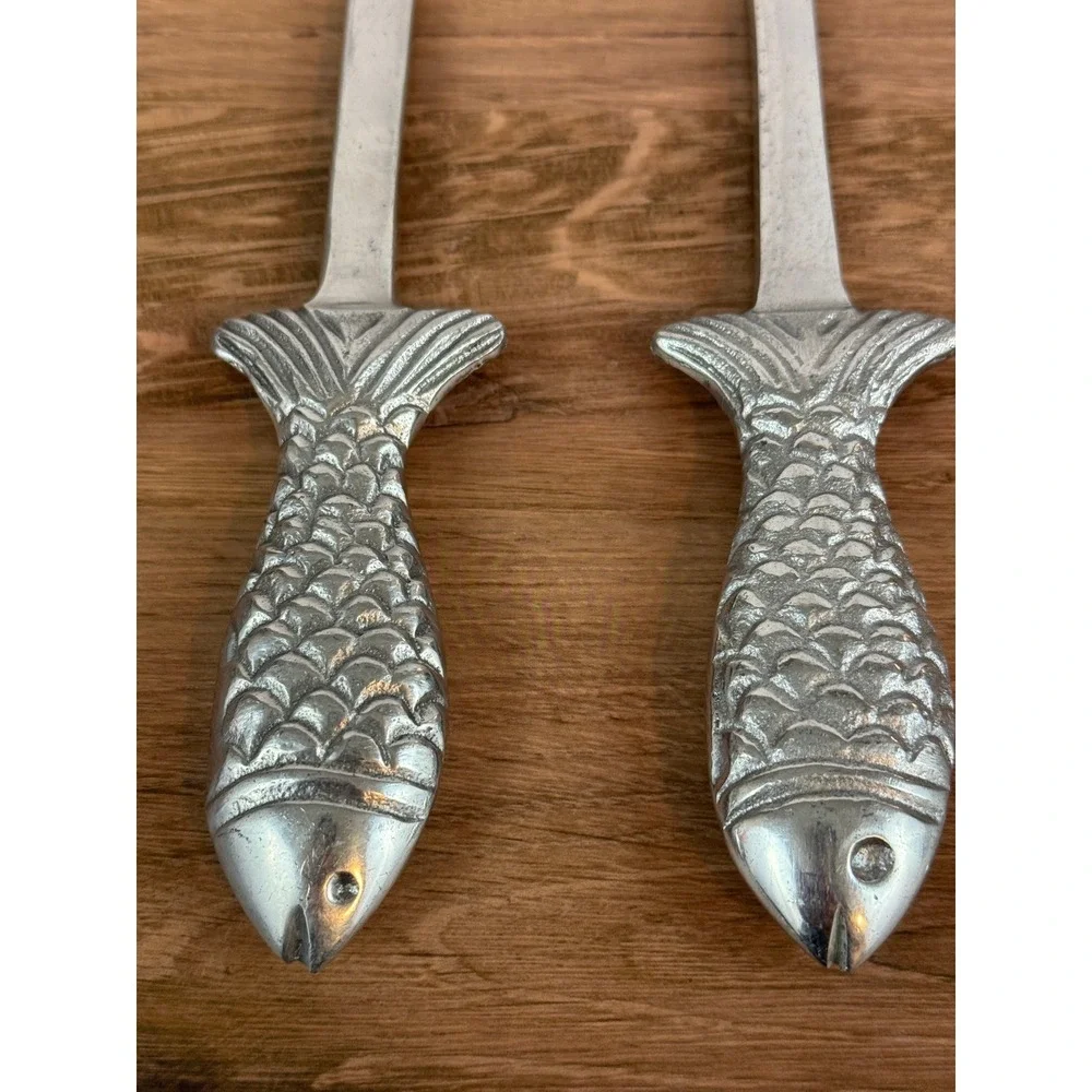 Vintage Metal Fish Handled Salad Serving Set w/Fork and Spoon 12
